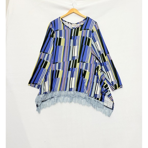 LOGO Lori Goldstein Tunic Striped Lace Hem Long Sleeve Multicolor Flowy Sz 1X - Picture 1 of 7